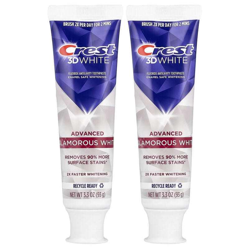 Crest, 3D White, Dentifrice anticaries au fluorure, Formule avancée, Blanc éblouissant, 2 tubes, 93 g pièce